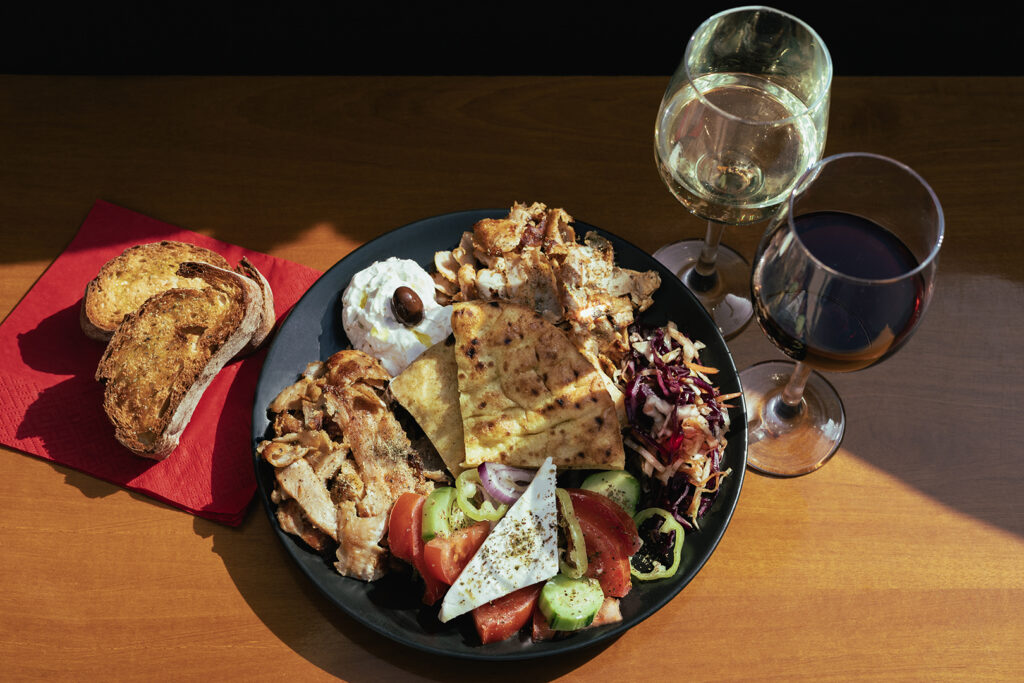 blue_wave_cruises_calypso_menu_01 Traditional Greek gyros served with fresh pita bread, tzatziki, and homemade salads on the Calypso motorsailer deck